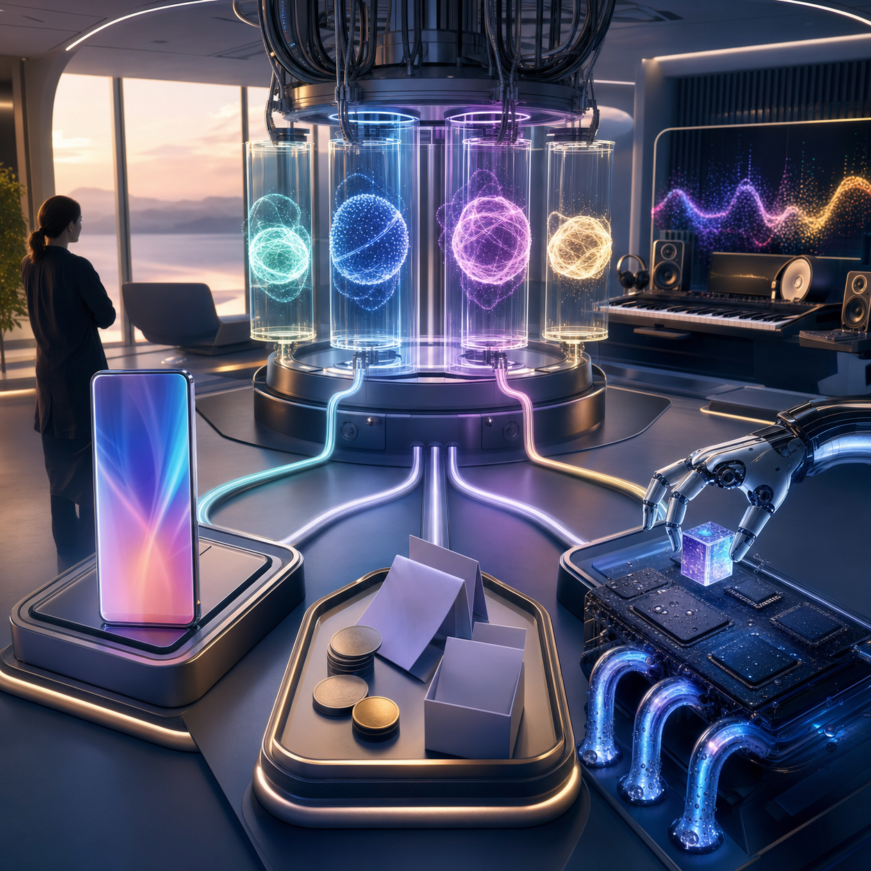 A polished text-free editorial image of a futuristic AI control room where glowing model orbs, phones, receipts, music equipment, chips, water pipes, and robot hands converge under human supervision.